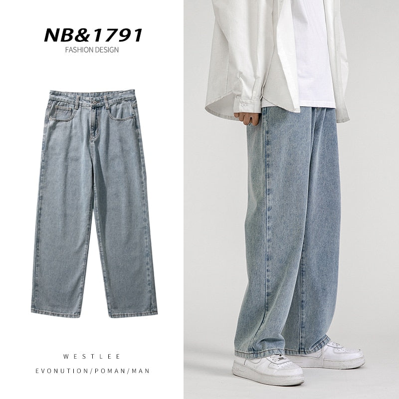 Korean Fashion Men Baggy Jeans Classic All-match Solid Color Straight-leg Denim Wide-leg Pants Male Light Blue Grey Black | TageUnlimited