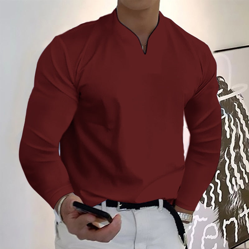 Men's Long Sleeve V-neck Solid Color T-shirt Elastic and Comfortable Loose Sports Shirt Polo Shirt Everyday Casual Wear S-2XL | TageUnlimited