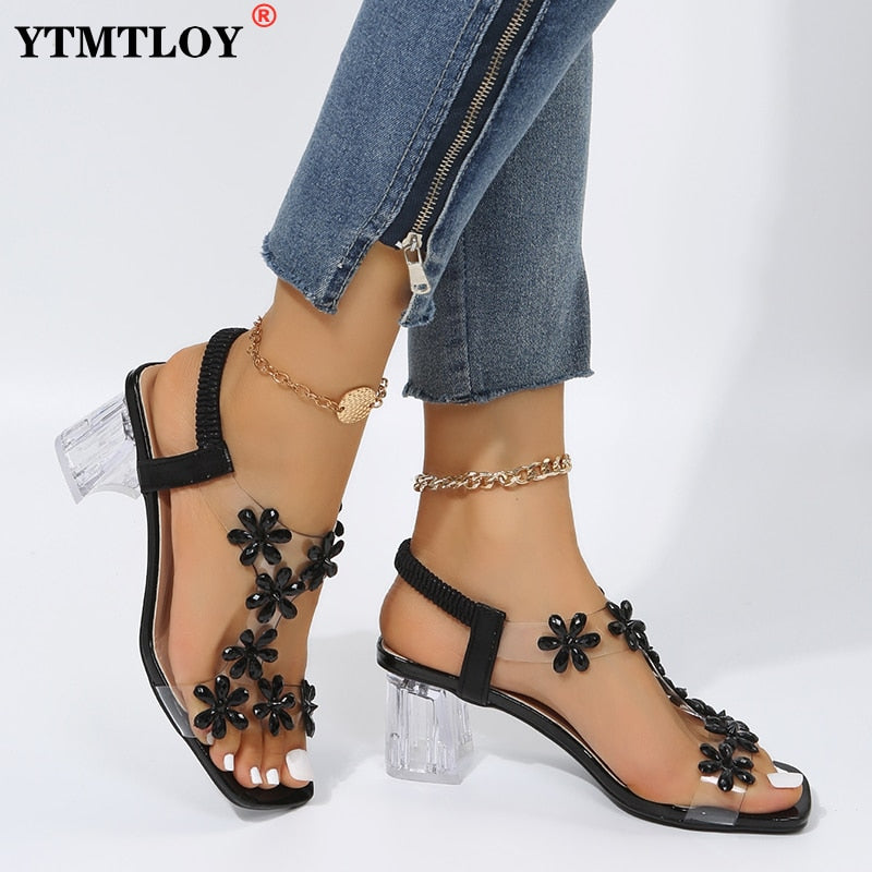 Summer Women Sandals Pvc Crystal Flower Decoration Chunky Heel Peep Toe Back Strap Elastic Band Elegant Fashion Shoes Ladies | TageUnlimited