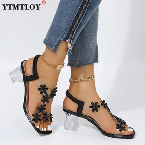 Summer Women Sandals Pvc Crystal Flower Decoration Chunky Heel Peep Toe Back Strap Elastic Band Elegant Fashion Shoes Ladies | TageUnlimited