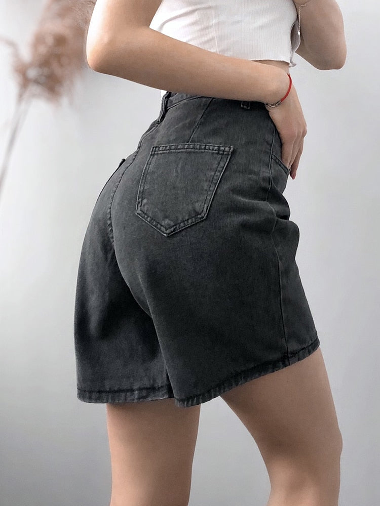 Women High Waist Button Wigh Leg Jeans Shorts Casual Female Loose Fit Blue Denim Shorts | TageUnlimited