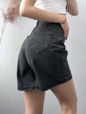 Women High Waist Button Wigh Leg Jeans Shorts Casual Female Loose Fit Blue Denim Shorts | TageUnlimited