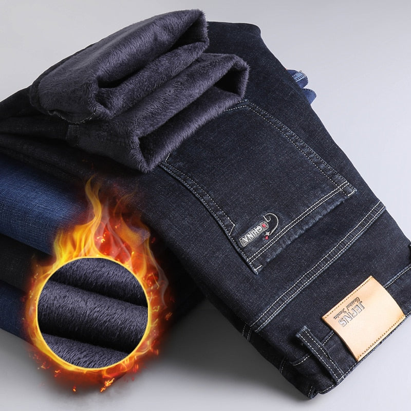 Winter Thermal Warm Flannel Stretch Jeans Mens Quality Famous Brand Fleece Pants Men Straight Flocking Trousers Jean Male | TageUnlimited