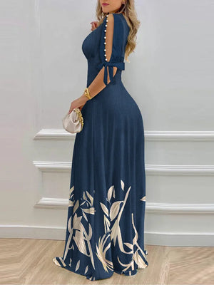 Elegant Women's Dresses Summer Fashion Split Sleeve Pearls Decor Plants Print Split Sleeve Casual V-Neck Half Sleeve Maxi Dress