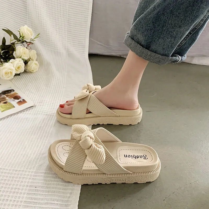 Fairy Style Lady Summer Slippers Thick Platform Flat Sandals with Butterfly-Knot Summer Flip Flops Sandals Women | TageUnlimited