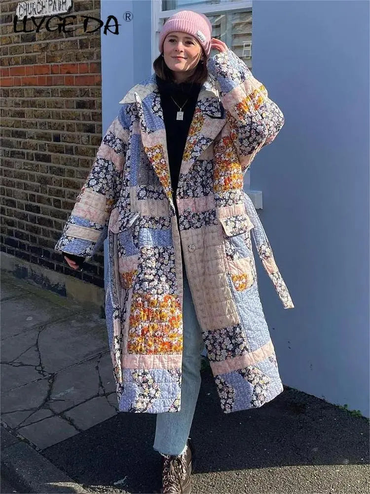 Fashion Patchwork Printed Cotton Long Coat Women Belt Full Sleeve 2023 Autumn Trench Female Vintage Turn Down Collar Streetwear | TageUnlimited