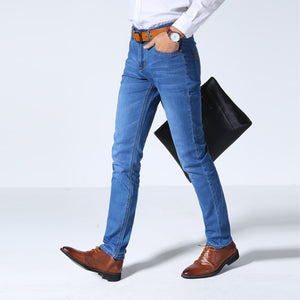 Brother Wang Classic Style Men Brand Jeans Business Casual Stretch Slim Denim Pants Light Blue Black Trousers Male | TageUnlimited