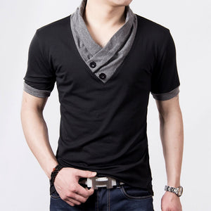 New Plus Size Summer Mens T-Shirts Fashion Slim Short Sleeve Patchwork V Neck Cotton Black T Shirt Men Button Tops &amp; Tees | TageUnlimited