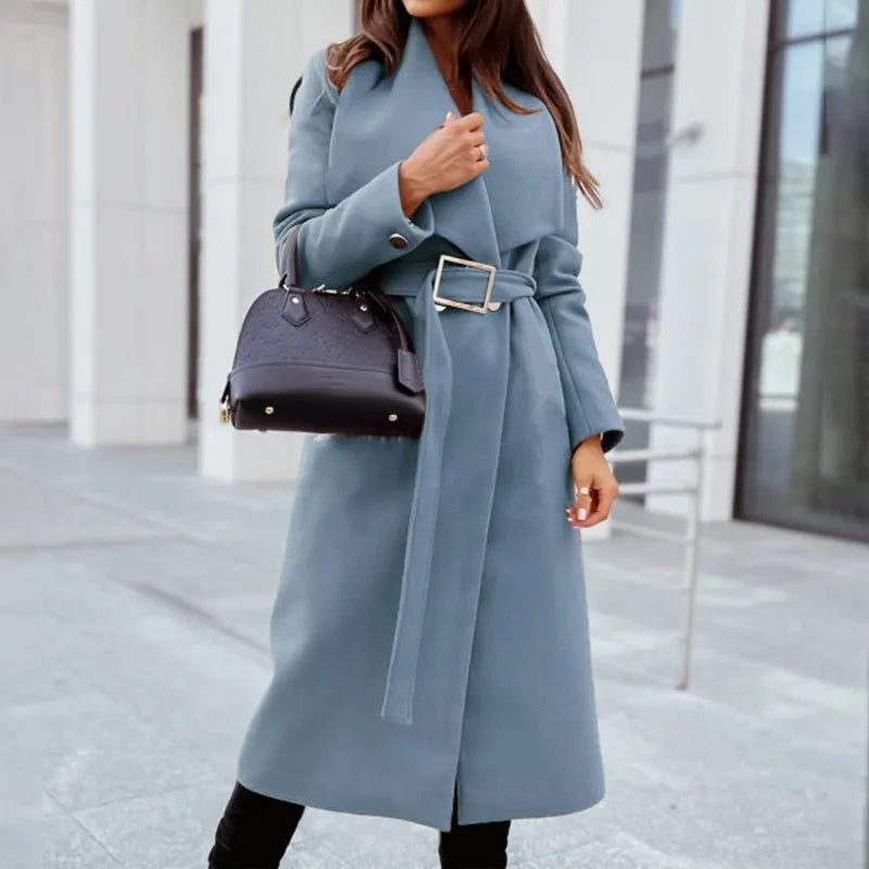 DIHOPE Autumn Winter Casual Simple Long Sleeve Button V-Neck Strap Long Woolen Coat Trench Fashion All-Match Women's clothing