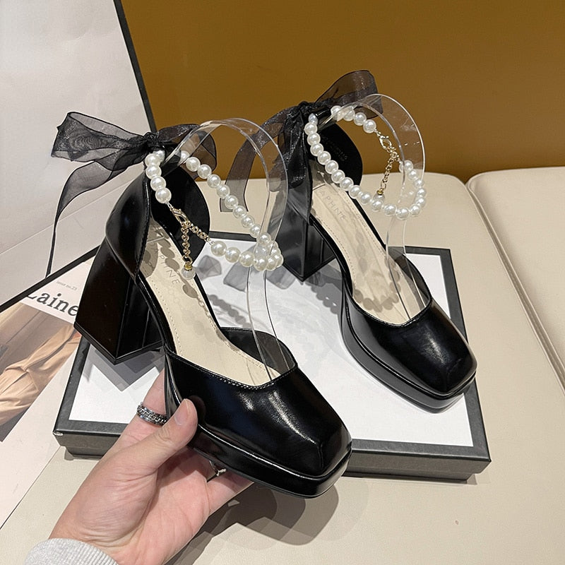 Ladies High Heels Elegant Bow Square Toe Black Fashion Women's Pumps Thick Heel Wedding Party Pearl Lace Wedding Shoes for Women | TageUnlimited