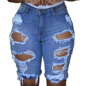 Summer Elastic Hole Short Jeans Plus Size Women Casual Short Pants Ladies Denim Shorts Ripped Jeans Mujer Black White Blue | 0 | TageUnlimited