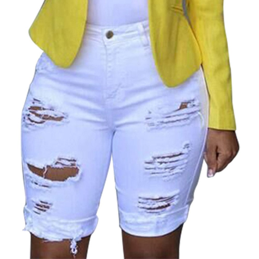 Summer Elastic Hole Short Jeans Plus Size Women Casual Short Pants Ladies Denim Shorts Ripped Jeans Mujer Black White Blue | 0 | TageUnlimited