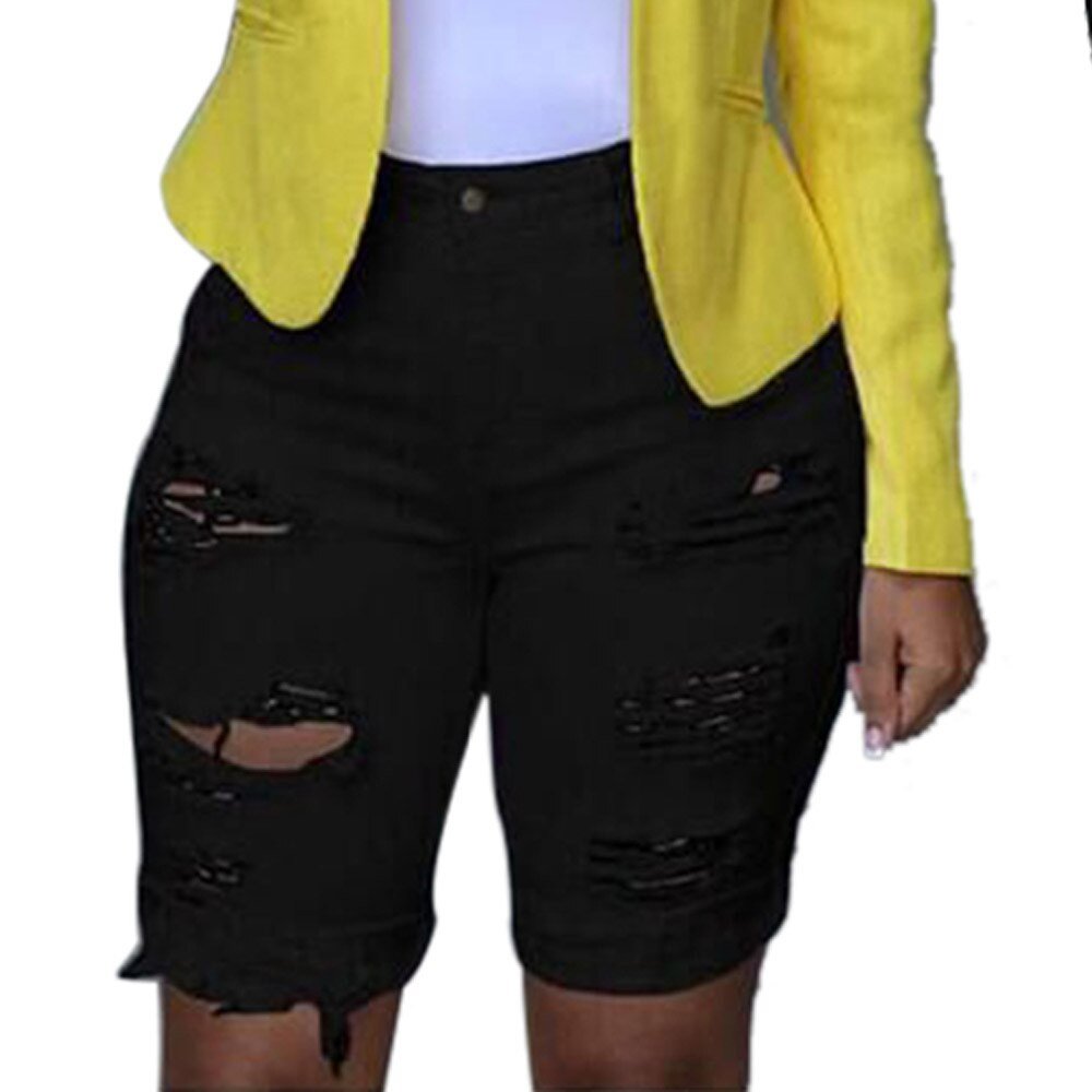Summer Elastic Hole Short Jeans Plus Size Women Casual Short Pants Ladies Denim Shorts Ripped Jeans Mujer Black White Blue | 0 | TageUnlimited