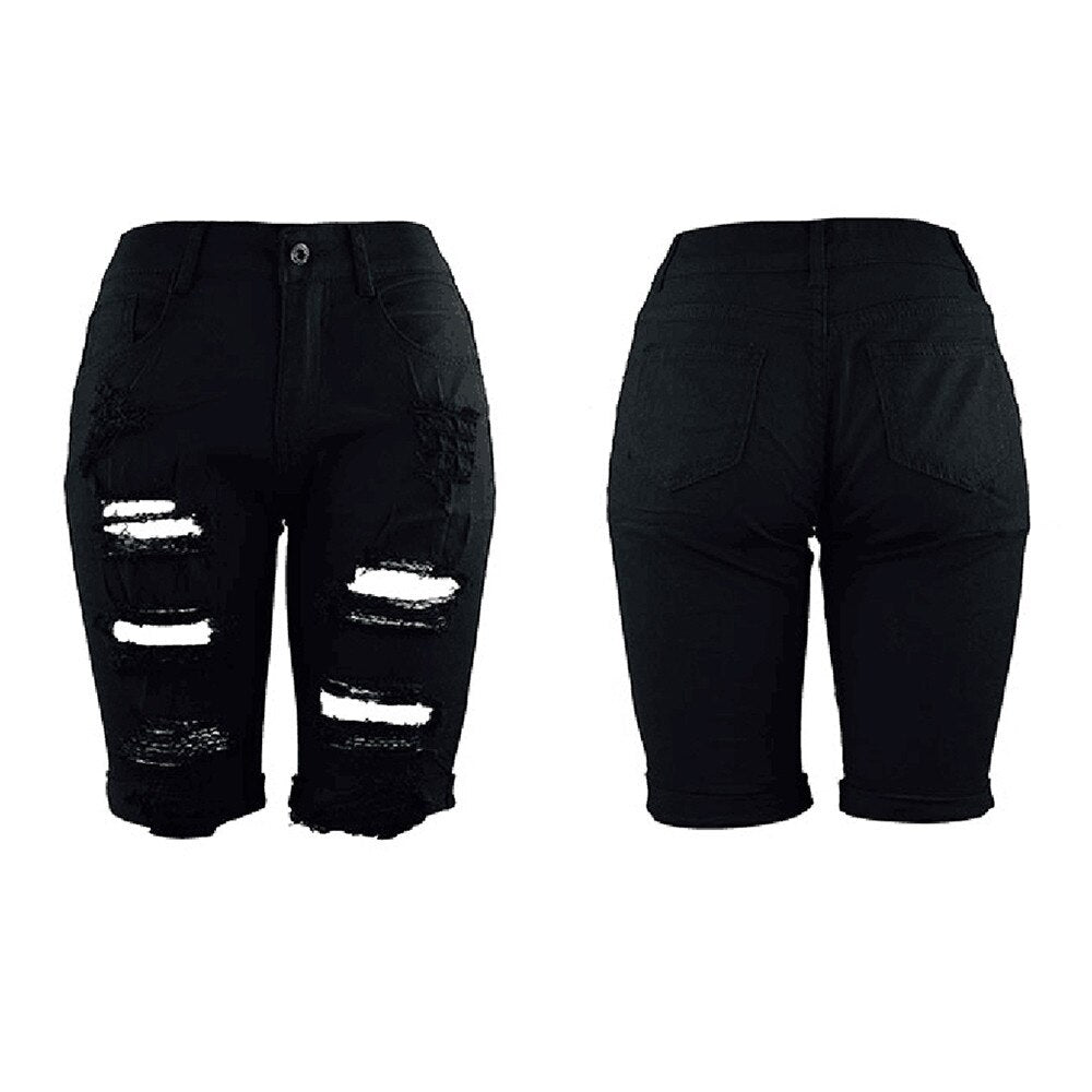 Summer Elastic Hole Short Jeans Plus Size Women Casual Short Pants Ladies Denim Shorts Ripped Jeans Mujer Black White Blue | 0 | TageUnlimited