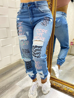 New Letter Print Slant Pocket Ripped Jeans Casual Jeans Women | 0 | TageUnlimited