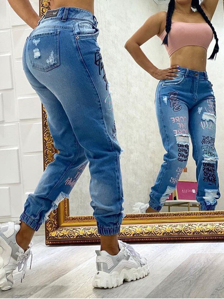New Letter Print Slant Pocket Ripped Jeans Casual Jeans Women | 0 | TageUnlimited