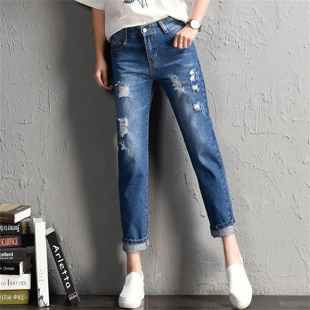 Women Fashion Mid Waist Boyfriend Big Ripped Hole Jeans Casual High Street Denim Pants Sexy Vintage Pencil Calca Jeans | 0 | TageUnlimited