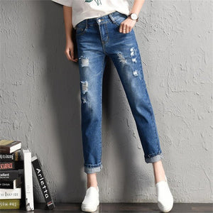 Women Fashion Mid Waist Boyfriend Big Ripped Hole Jeans Casual High Street Denim Pants Sexy Vintage Pencil Calca Jeans | 0 | TageUnlimited