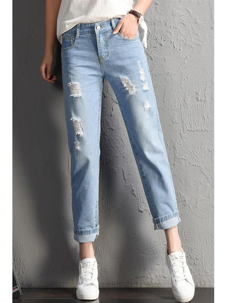 New Women Fashion Mid Waist Boyfriend Big Ripped Hole Jeans Casual High Street Denim Pants Sexy Vintage Pencil Calca Jeans | 0 | TageUnlimited