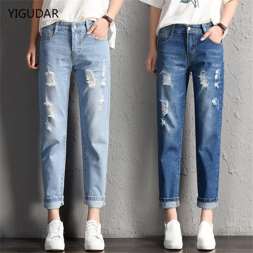Women Fashion Mid Waist Boyfriend Big Ripped Hole Jeans Casual High Street Denim Pants Sexy Vintage Pencil Calca Jeans | 0 | TageUnlimited