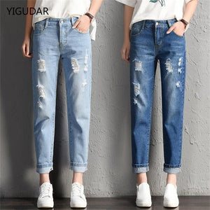 Women Fashion Mid Waist Boyfriend Big Ripped Hole Jeans Casual High Street Denim Pants Sexy Vintage Pencil Calca Jeans | 0 | TageUnlimited