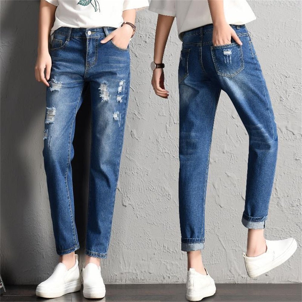 Women Fashion Mid Waist Boyfriend Big Ripped Hole Jeans Casual High Street Denim Pants Sexy Vintage Pencil Calca Jeans | 0 | TageUnlimited
