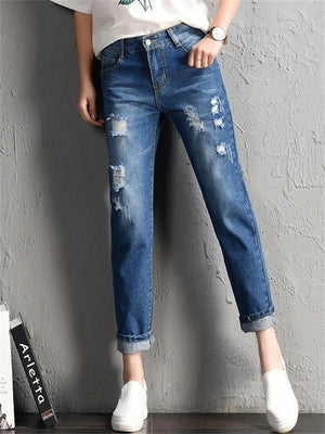 Women Fashion Mid Waist Boyfriend Big Ripped Hole Jeans Casual High Street Denim Pants Sexy Vintage Pencil Calca Jeans | 0 | TageUnlimited