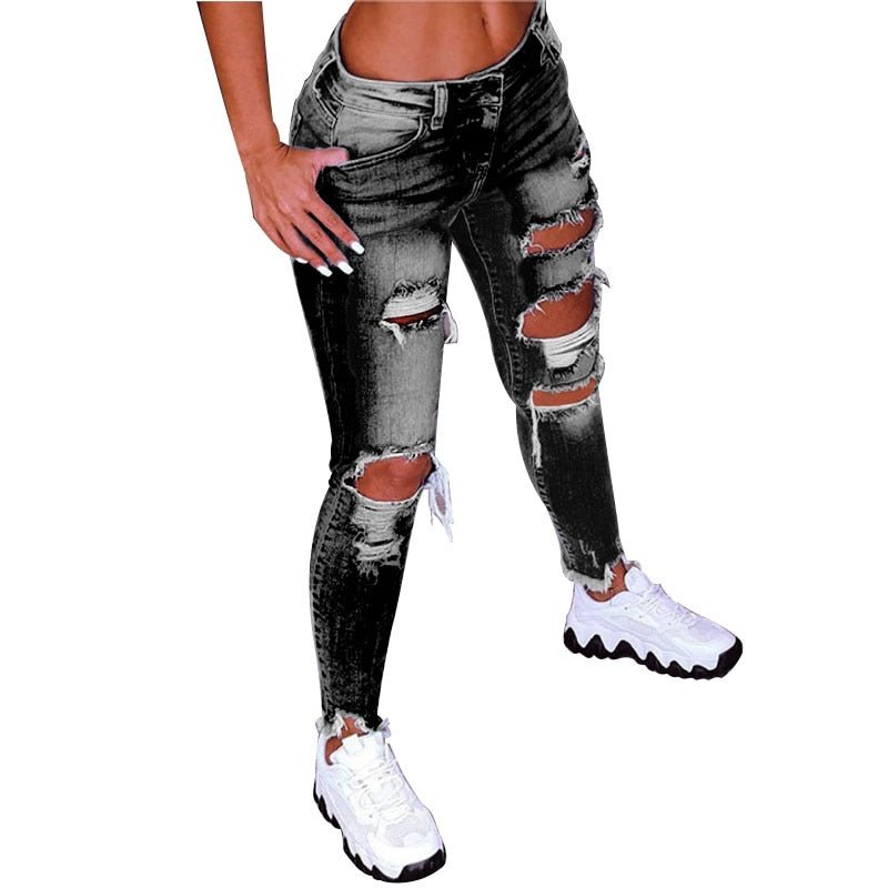 Spring New Women Low Waist Ripped Jeans Fashion Slim Hip Lift Elastic Ankle-Length Denim Pencil Pants Plus Size Jeans 5XL | 0 | TageUnlimited