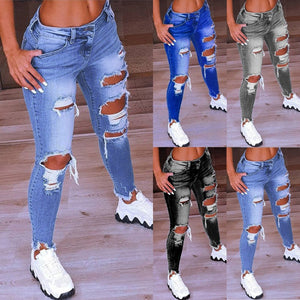 Spring New Women Low Waist Ripped Jeans Fashion Slim Hip Lift Elastic Ankle-Length Denim Pencil Pants Plus Size Jeans 5XL | 0 | TageUnlimited