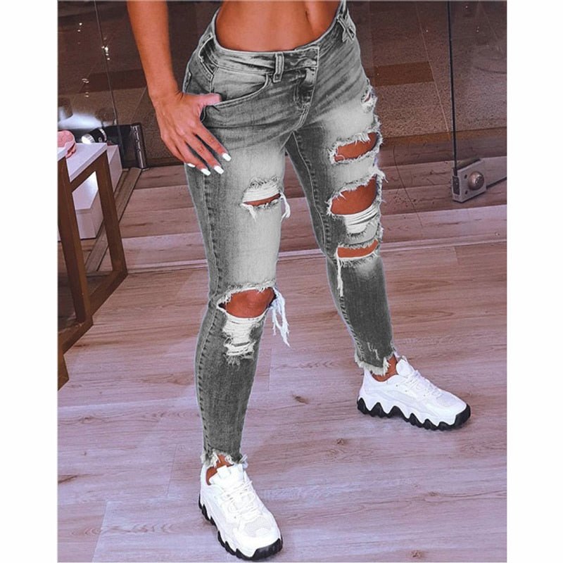 Spring New Women Low Waist Ripped Jeans Fashion Slim Hip Lift Elastic Ankle-Length Denim Pencil Pants Plus Size Jeans 5XL | 0 | TageUnlimited