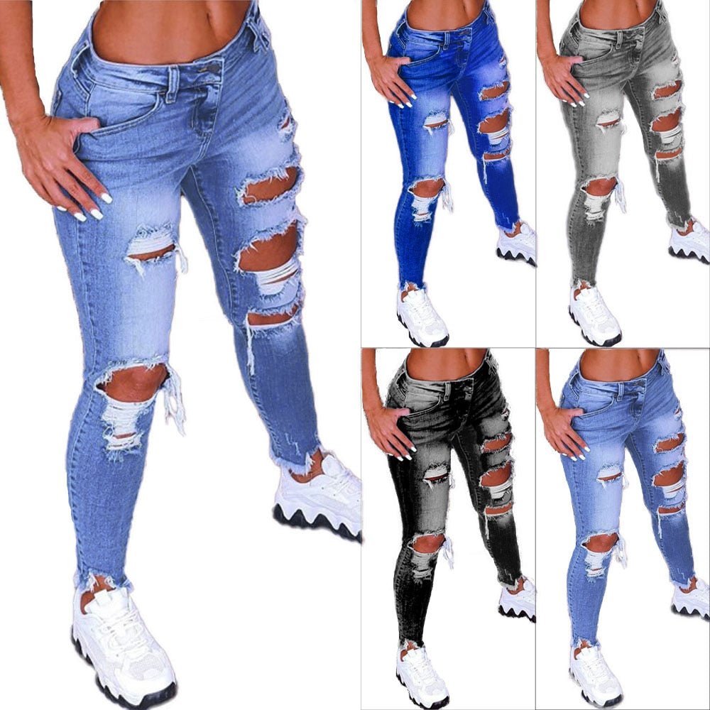 Spring New Women Low Waist Ripped Jeans Fashion Slim Hip Lift Elastic Ankle-Length Denim Pencil Pants Plus Size Jeans 5XL | 0 | TageUnlimited