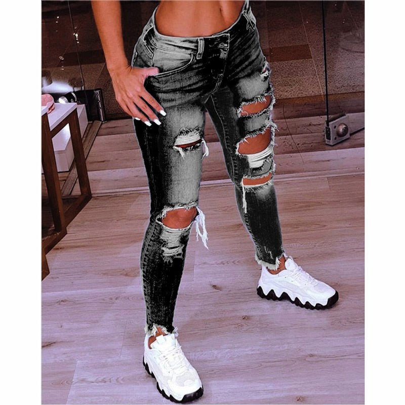 Spring New Women Low Waist Ripped Jeans Fashion Slim Hip Lift Elastic Ankle-Length Denim Pencil Pants Plus Size Jeans 5XL | 0 | TageUnlimited