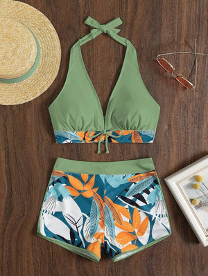 Halter Bikini Set Short Swimsuit Women High Waist Swimwear Female Printed Bathers Swimming Bathing Swim Suit Beachwear | TageUnlimited