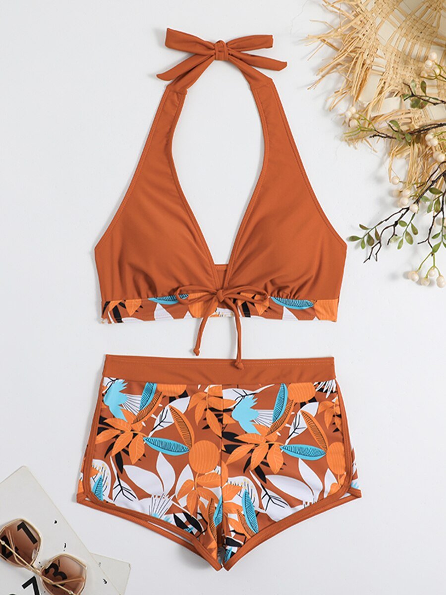 Halter Bikini Set Short Swimsuit Women High Waist Swimwear Female Printed Bathers Swimming Bathing Swim Suit Beachwear | TageUnlimited