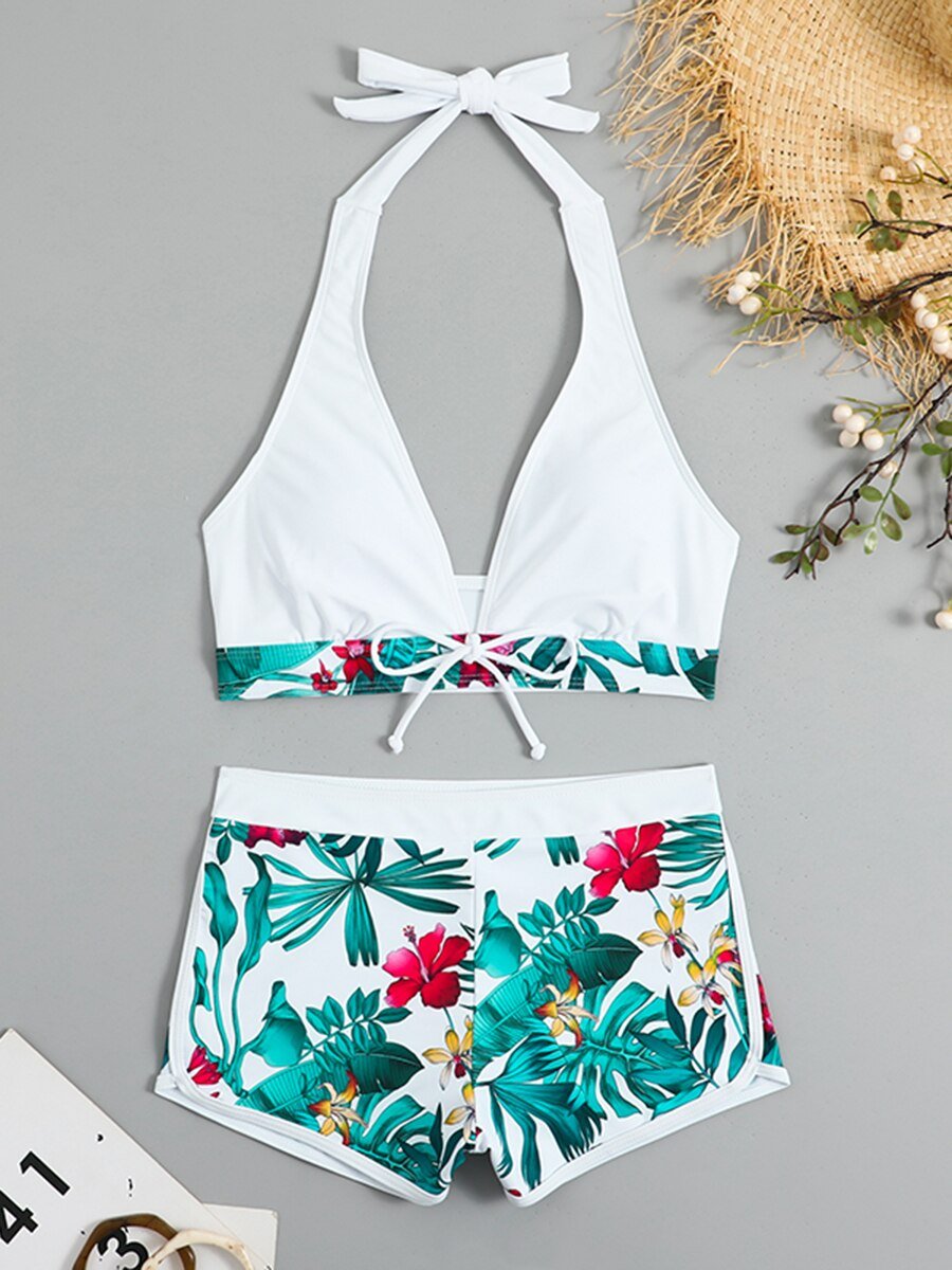 Halter Bikini Set Short Swimsuit Women High Waist Swimwear Female Printed Bathers Swimming Bathing Swim Suit Beachwear | TageUnlimited