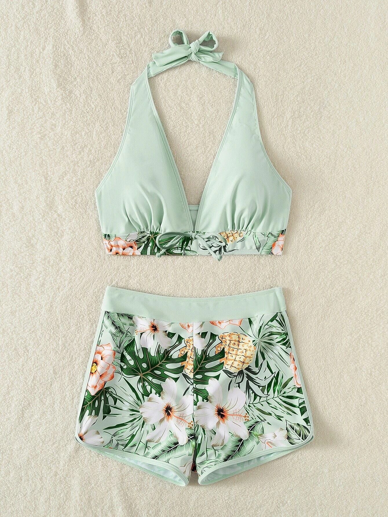 Halter Bikini Set Short Swimsuit Women High Waist Swimwear Female Printed Bathers Swimming Bathing Swim Suit Beachwear | TageUnlimited