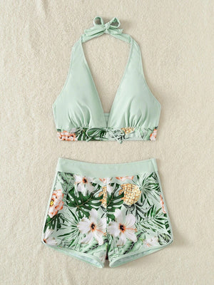 Halter Bikini Set Short Swimsuit Women High Waist Swimwear Female Printed Bathers Swimming Bathing Swim Suit Beachwear | TageUnlimited