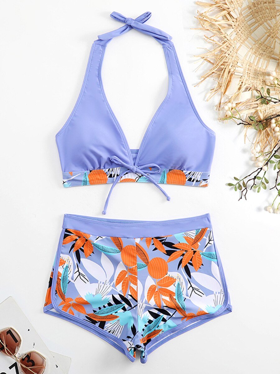 Halter Bikini Set Short Swimsuit Women High Waist Swimwear Female Printed Bathers Swimming Bathing Swim Suit Beachwear | TageUnlimited