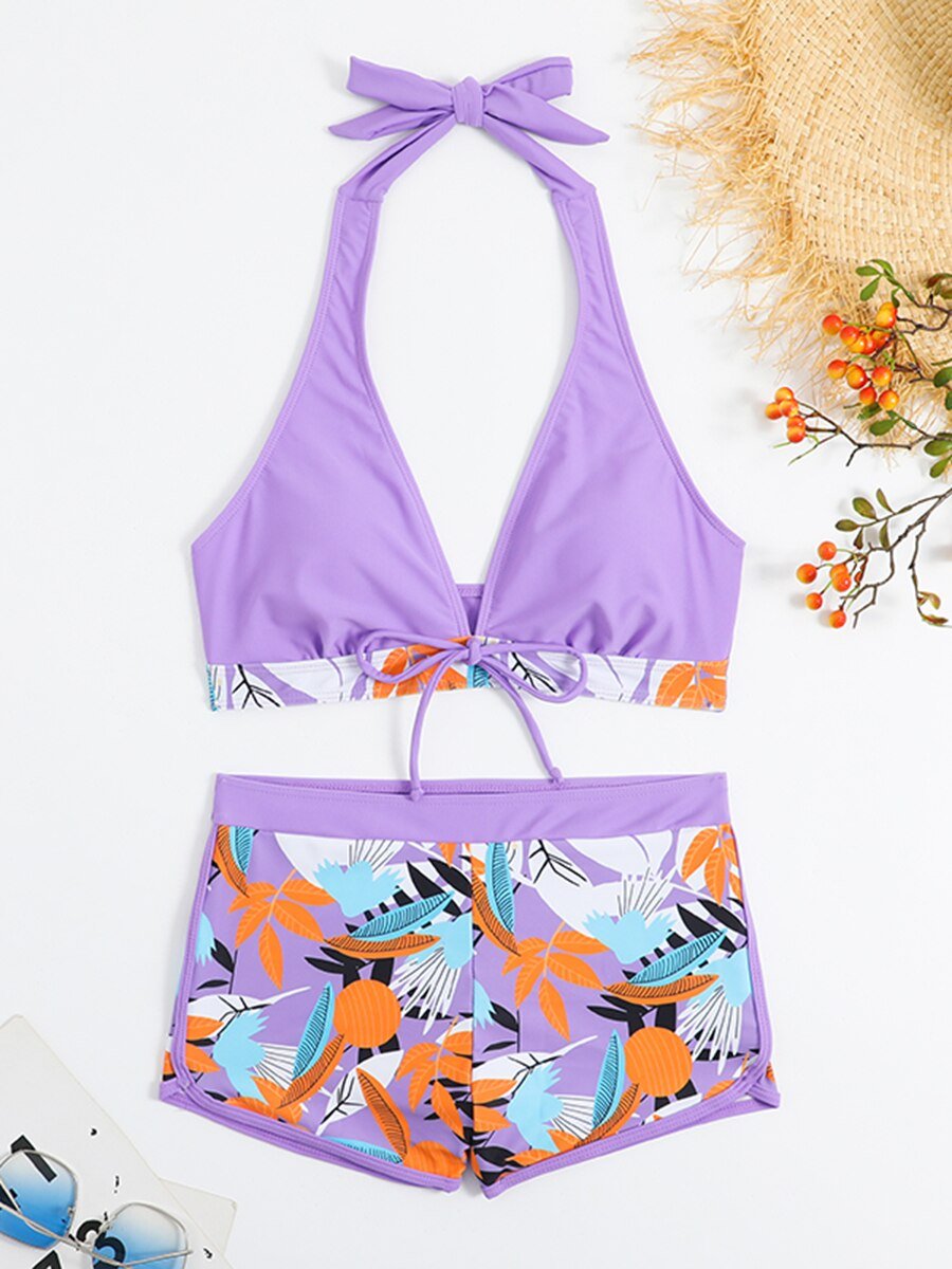Halter Bikini Set Short Swimsuit Women High Waist Swimwear Female Printed Bathers Swimming Bathing Swim Suit Beachwear | TageUnlimited