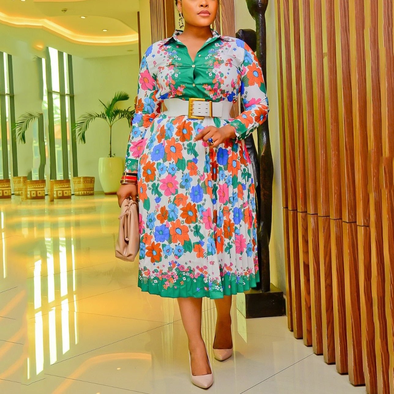 Office Dress Women Elegant Printed Full Sleeve High Waist A Line Fashion Work Business Vestidos Dress Midi Hot | 0 | TageUnlimited