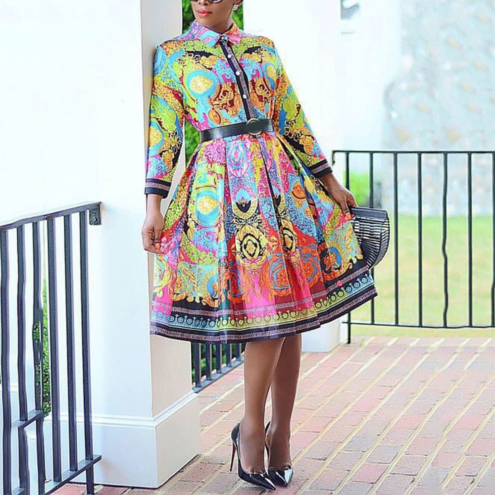 Office Dress Women Elegant Printed Full Sleeve High Waist A Line Fashion Work Business Vestidos Dress Midi Hot | 0 | TageUnlimited