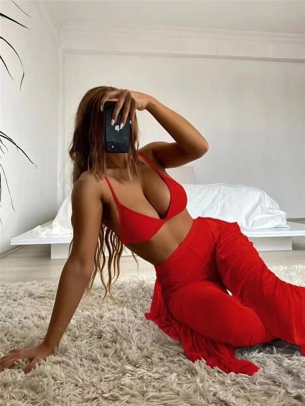 Sexy Three Pieces Bikini Set With Ruffle Beach Pants Swimwear Women Swimsuit Female Solid Bikini Bathing Suit Beachwear | TageUnlimited