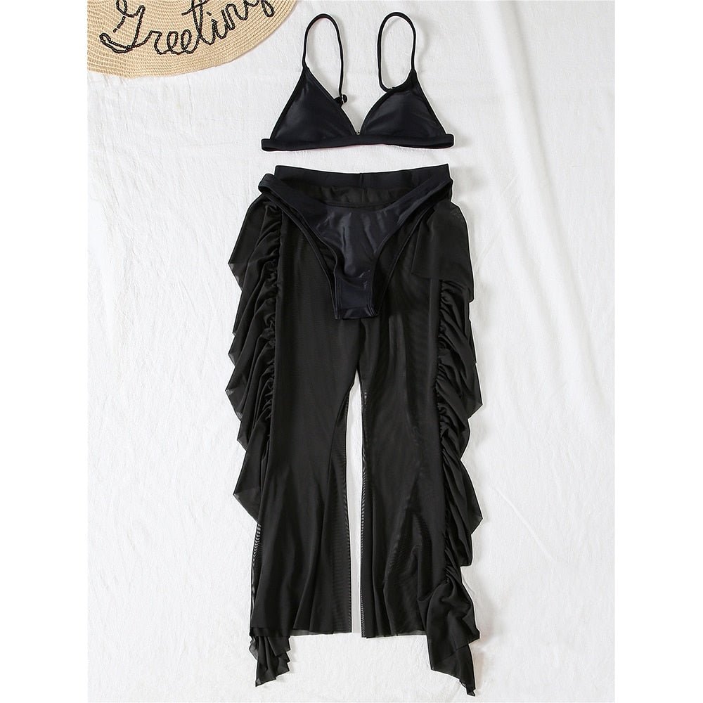 Sexy Three Pieces Bikini Set With Ruffle Beach Pants Swimwear Women Swimsuit Female Solid Bikini Bathing Suit Beachwear | TageUnlimited