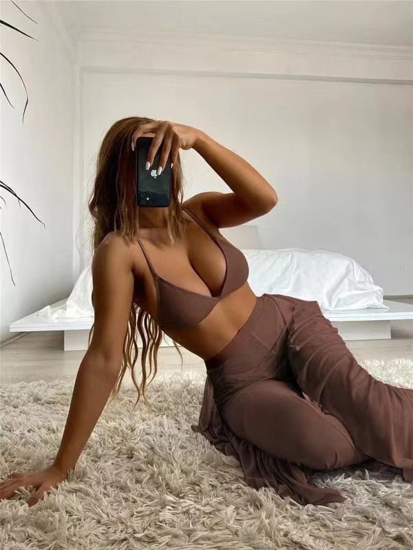 Sexy Three Pieces Bikini Set With Ruffle Beach Pants Swimwear Women Swimsuit Female Solid Bikini Bathing Suit Beachwear | TageUnlimited