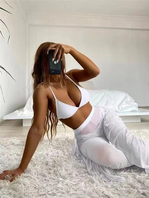 New Sexy Three Pieces Bikini Set With Ruffle Beach Pants Swimwear Women Swimsuit Female Solid Bikini Bathing Suit Beachwear | TageUnlimited