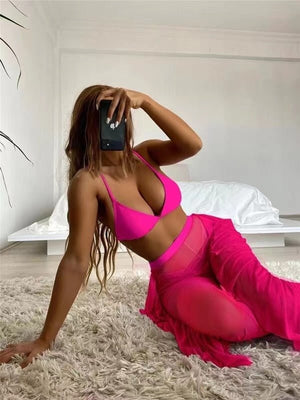 Sexy Three Pieces Bikini Set With Ruffle Beach Pants Swimwear Women Swimsuit Female Solid Bikini Bathing Suit Beachwear | TageUnlimited