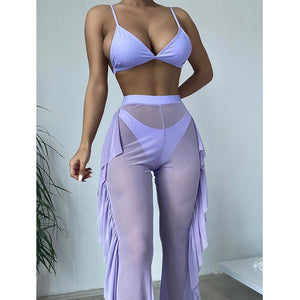 Sexy Three Pieces Bikini Set With Ruffle Beach Pants Swimwear Women Swimsuit Female Solid Bikini Bathing Suit Beachwear | TageUnlimited