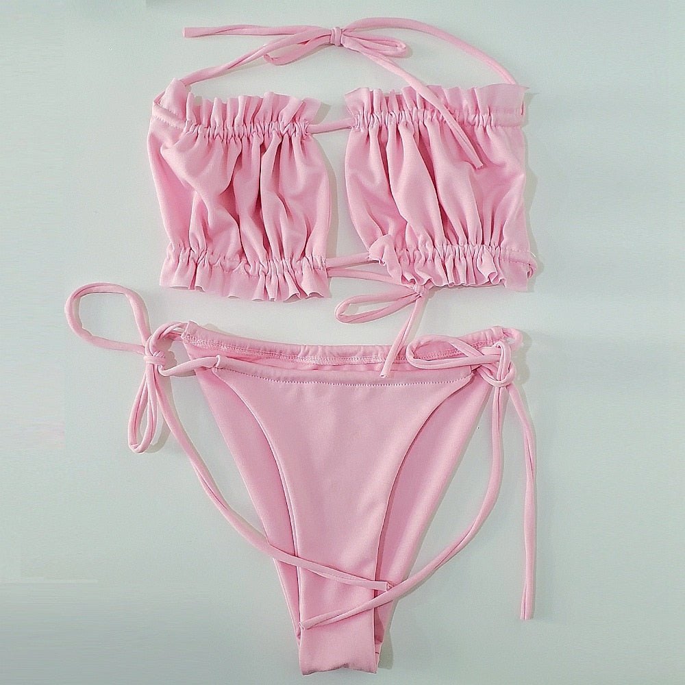 Swimwear Sexy Pleated Hollow Out Bikini Lace Up Style Manually Adjustable Size Swimwear Women Swimsuit | TageUnlimited