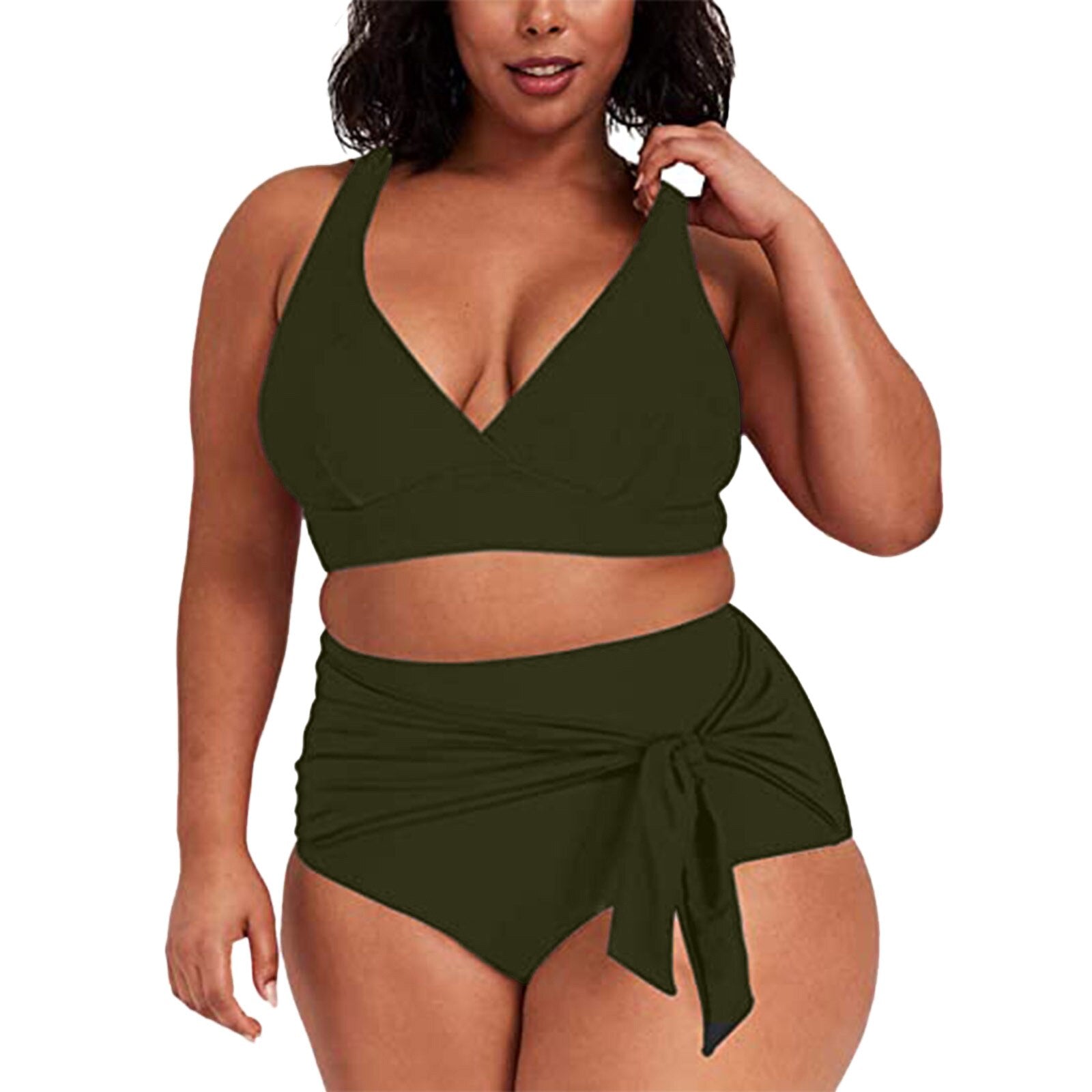 Womens Swimwear High Waist Bikini Solid Color Plus Size Big Breast Swimsuit Strappy Bather Swimming Wear Bathing Suit | TageUnlimited