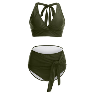 Womens Swimwear High Waist Bikini Solid Color Plus Size Big Breast Swimsuit Strappy Bather Swimming Wear Bathing Suit | TageUnlimited